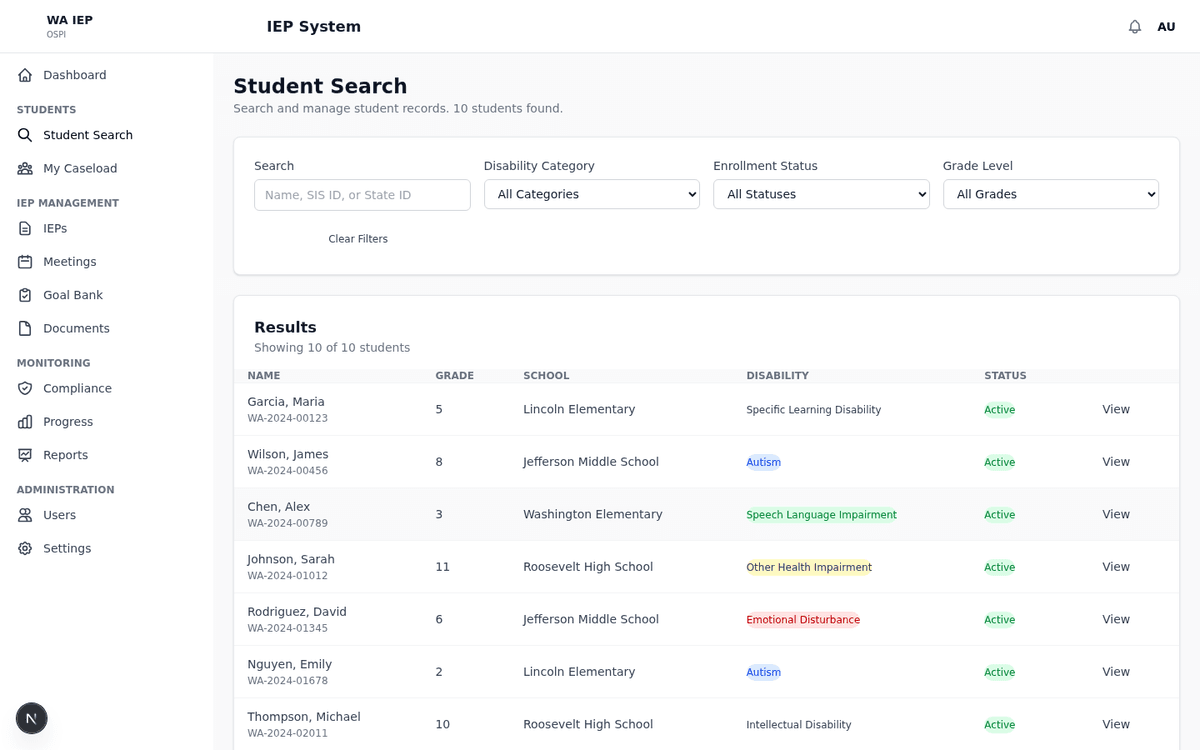 Student management interface