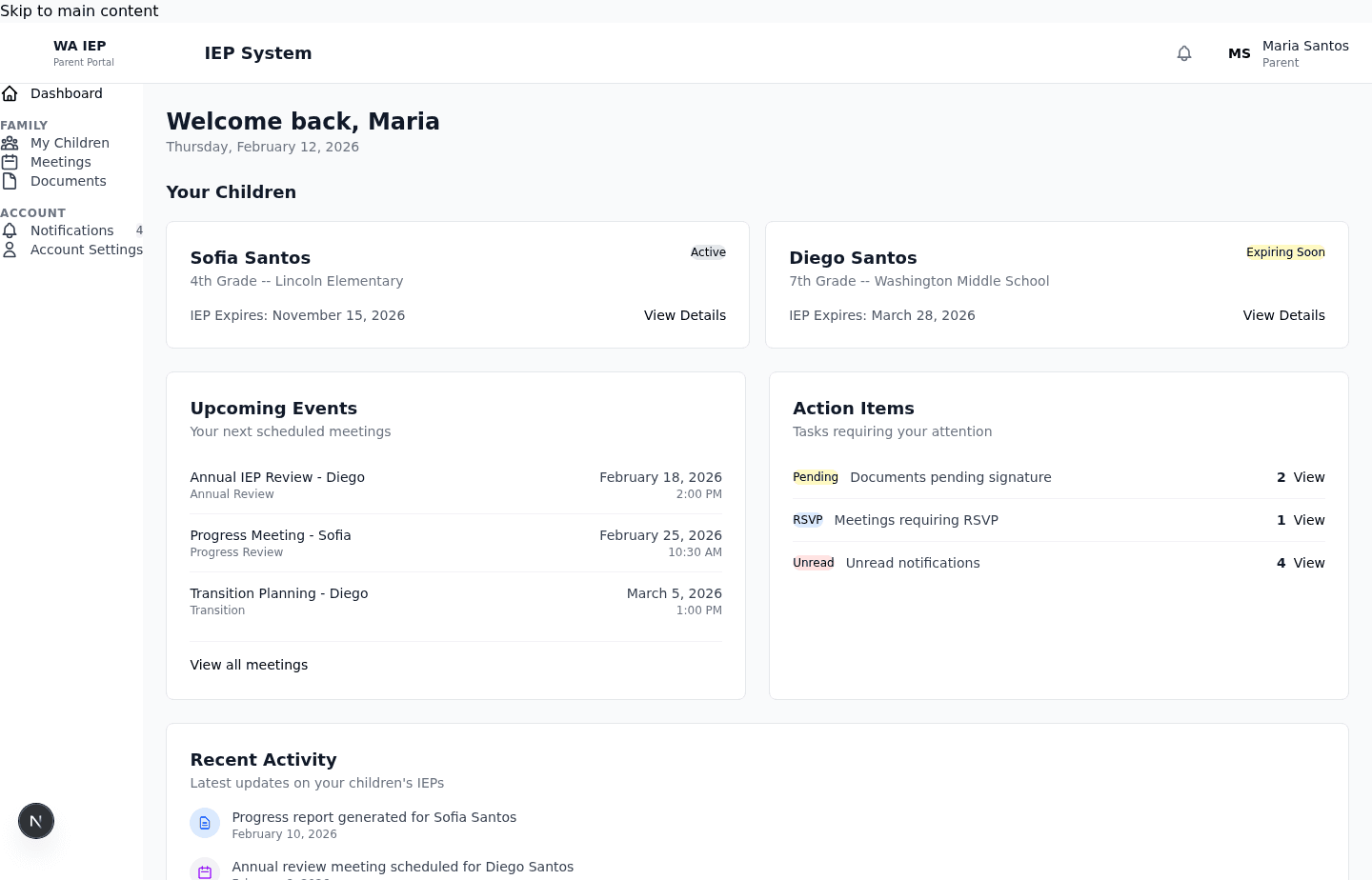 Parent portal showing secure family access to IEP plans and progress